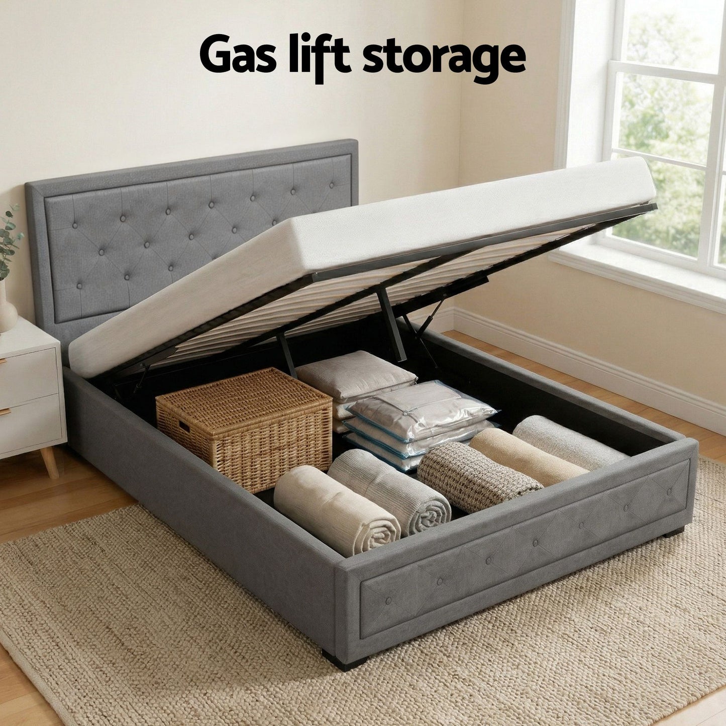 TWSC Upholstered Queen Gas Lift Storage Bed Frame with 2-Drawer Bedside Table Set