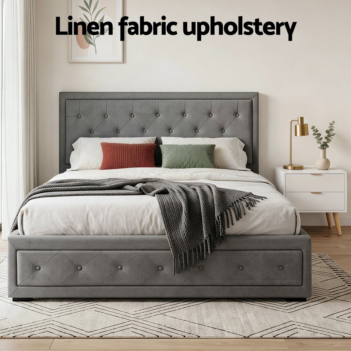 TWSC Upholstered Queen Gas Lift Storage Bed Frame with 2-Drawer Bedside Table Set