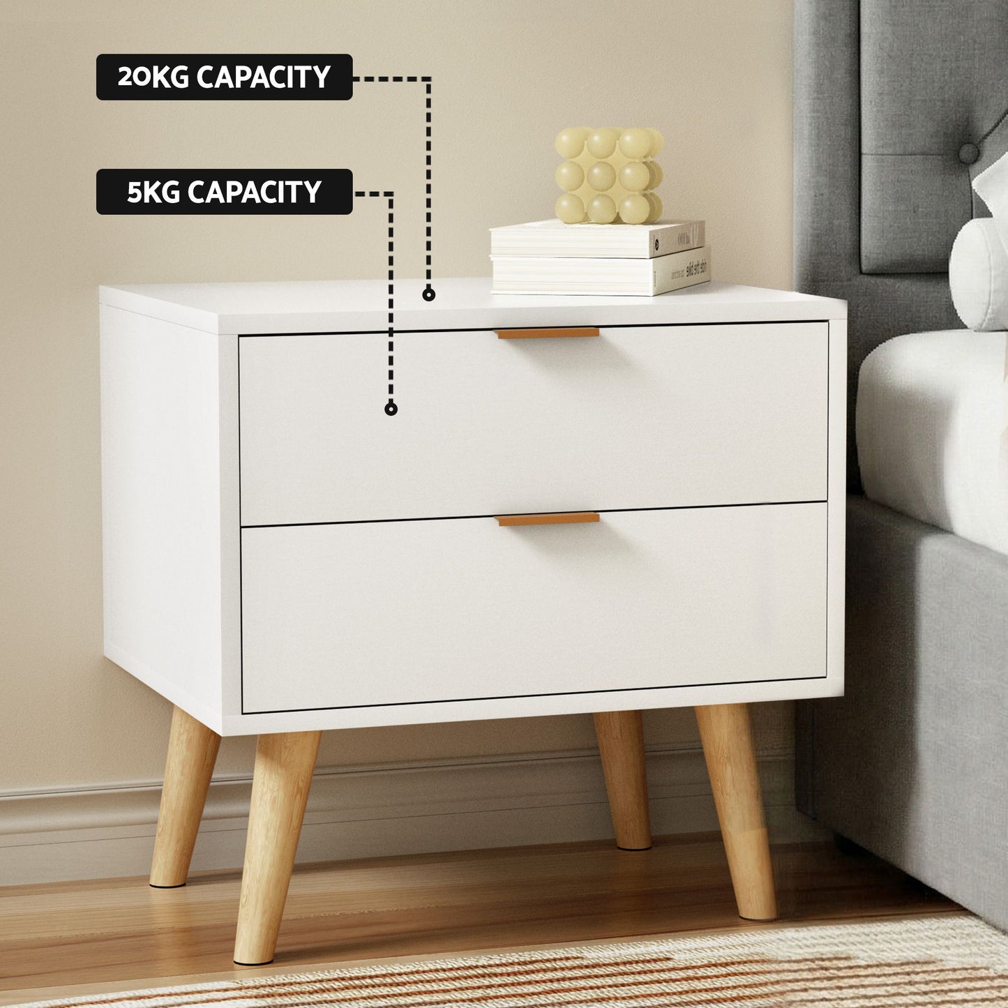 TWSC Upholstered Queen Gas Lift Storage Bed Frame with 2-Drawer Bedside Table Set