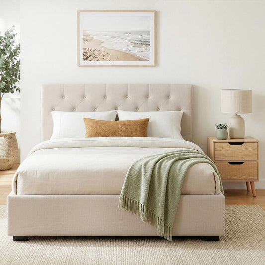 TWSC Double Bed Frame with Storage and Bedside Table Set Tufted Linen Gas Lift Bed Base and 2-Drawer Nightstand