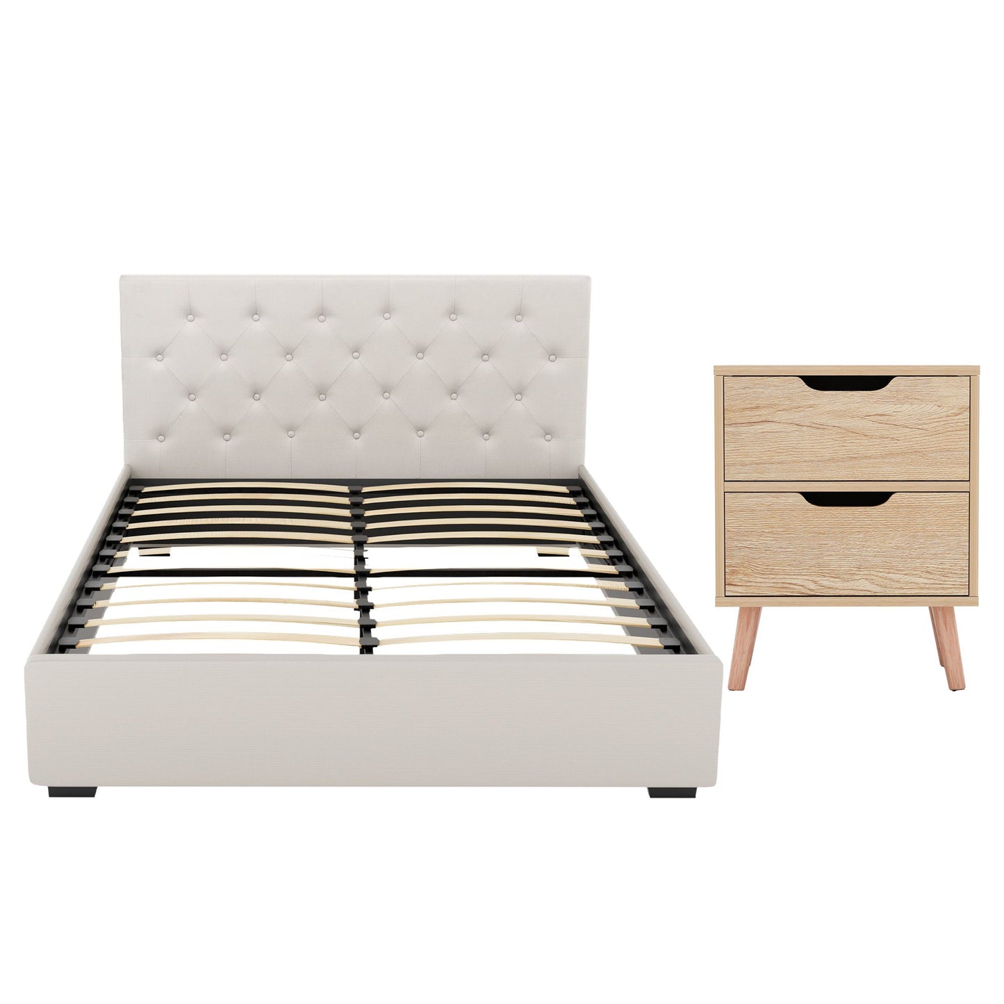 TWSC Double Bed Frame with Storage and Bedside Table Set Tufted Linen Gas Lift Bed Base and 2-Drawer Nightstand