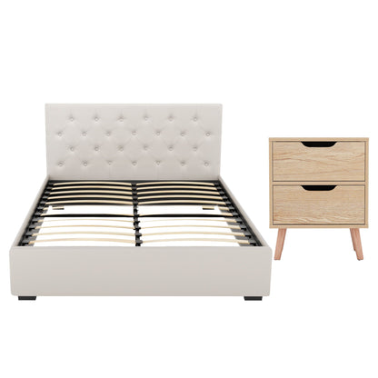 TWSC Double Bed Frame with Storage and Bedside Table Set Tufted Linen Gas Lift Bed Base and 2-Drawer Nightstand