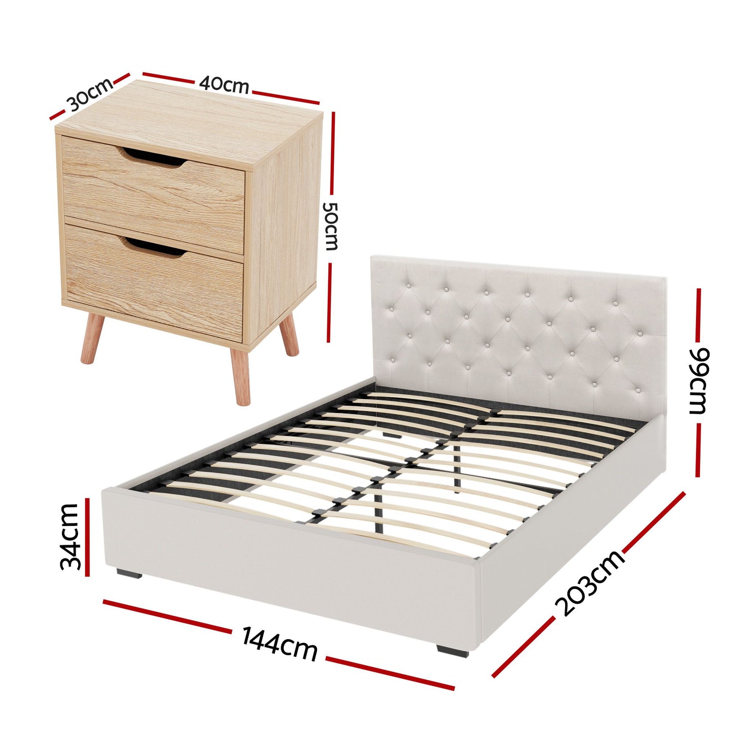 TWSC Double Bed Frame with Storage and Bedside Table Set Tufted Linen Gas Lift Bed Base and 2-Drawer Nightstand