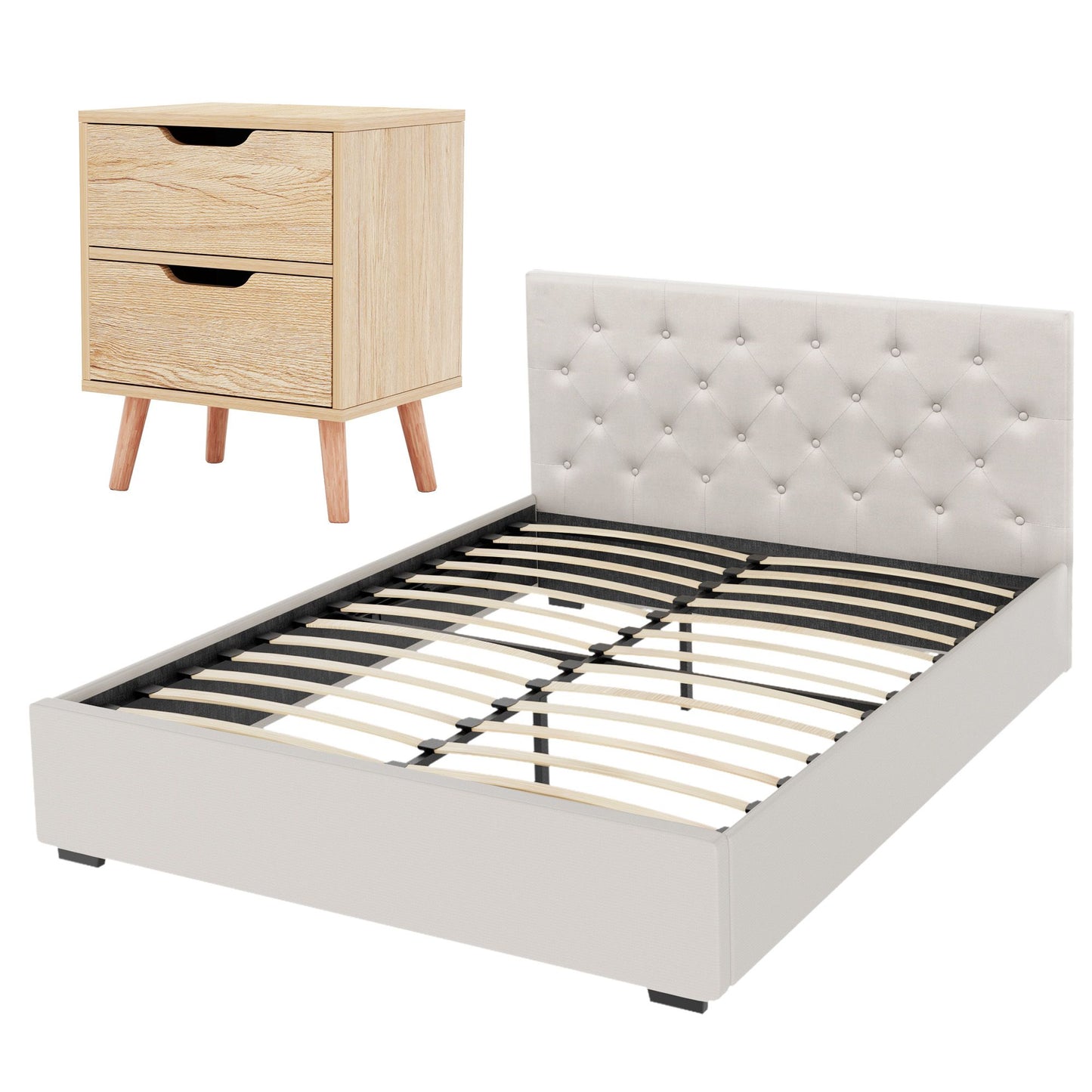 TWSC Double Bed Frame with Storage and Bedside Table Set Tufted Linen Gas Lift Bed Base and 2-Drawer Nightstand