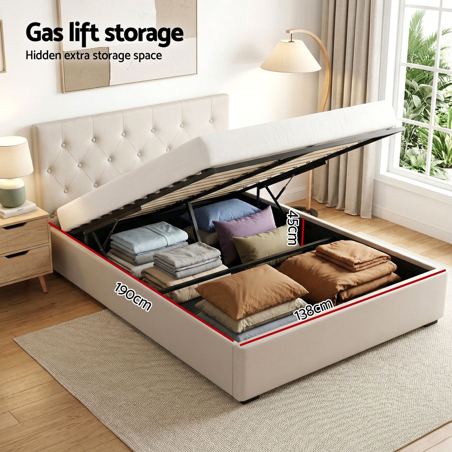 TWSC Double Bed Frame with Storage and Bedside Table Set Tufted Linen Gas Lift Bed Base and 2-Drawer Nightstand