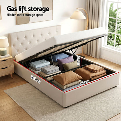 TWSC Double Bed Frame with Storage and Bedside Table Set Tufted Linen Gas Lift Bed Base and 2-Drawer Nightstand