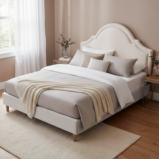 Queen Bed Frame with Storage – Scalloped Velvet Headboard, Beige