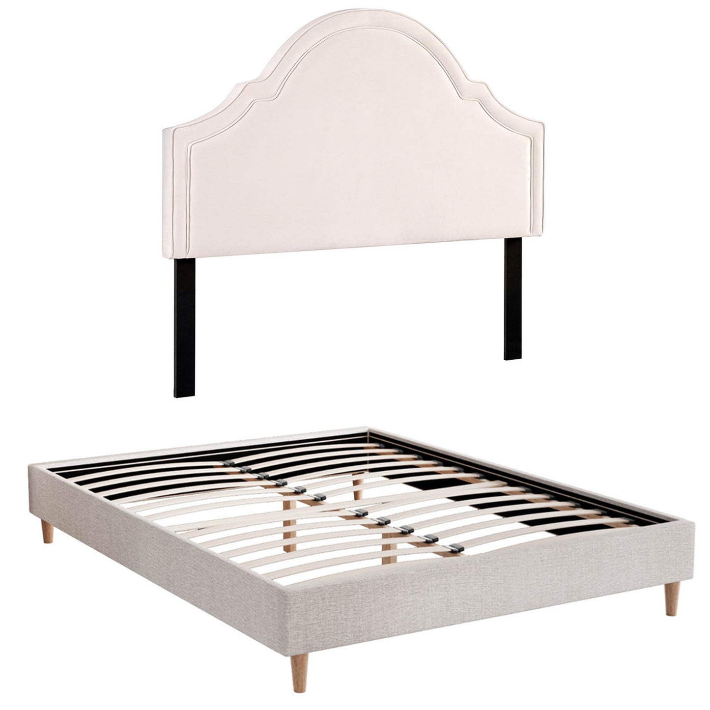 Queen Bed Frame with Storage – Scalloped Velvet Headboard, Beige