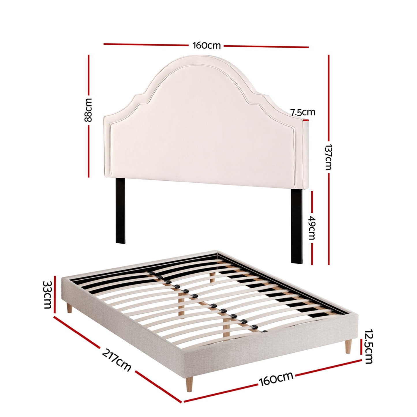 Queen Bed Frame with Storage – Scalloped Velvet Headboard, Beige