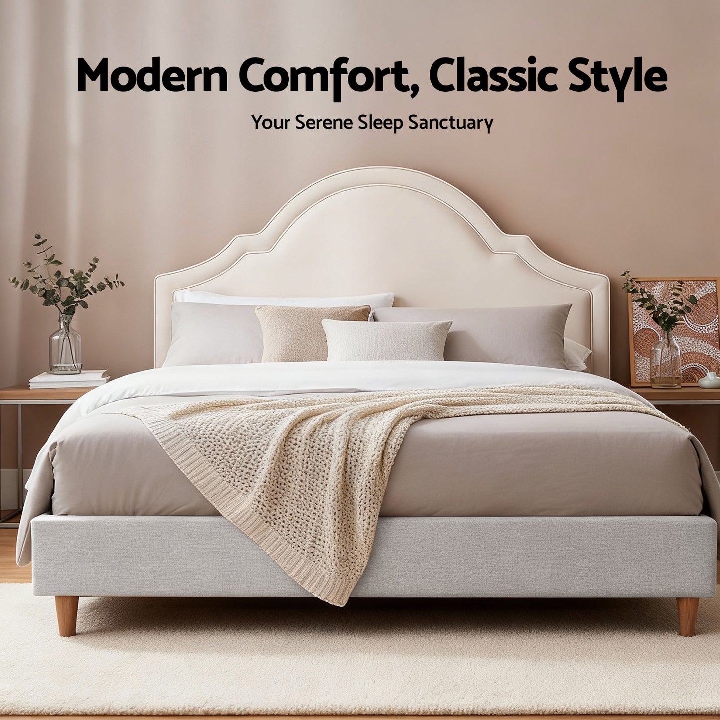Queen Bed Frame with Storage – Scalloped Velvet Headboard, Beige