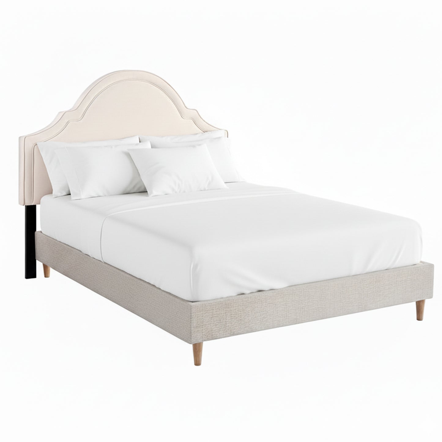 Queen Bed Frame with Storage – Scalloped Velvet Headboard, Beige