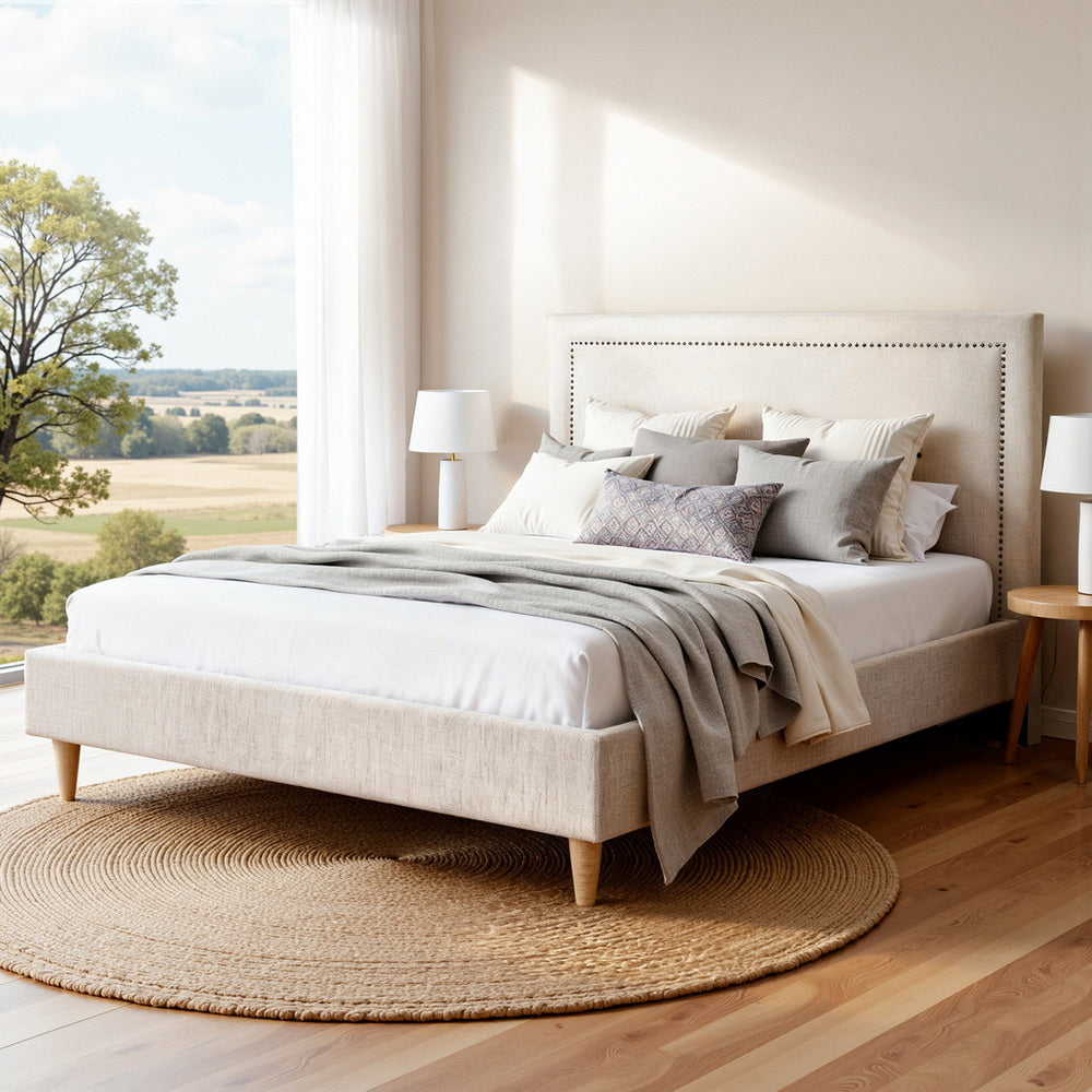 Queen Bed Frame – Upholstered Linen Headboard, Beige
