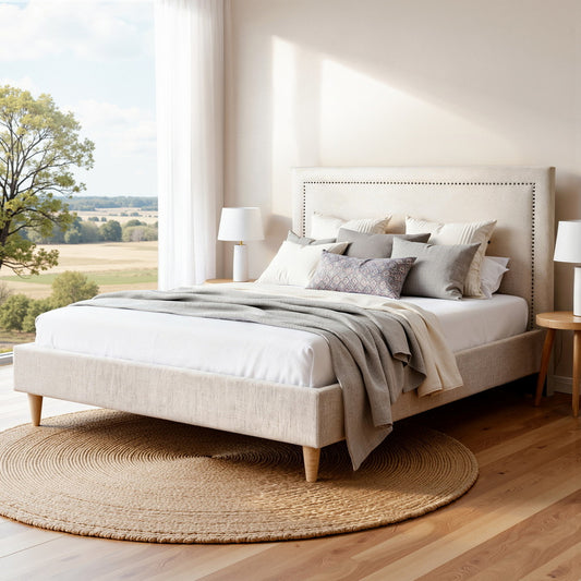 Queen Bed Frame – Upholstered Linen Headboard, Beige