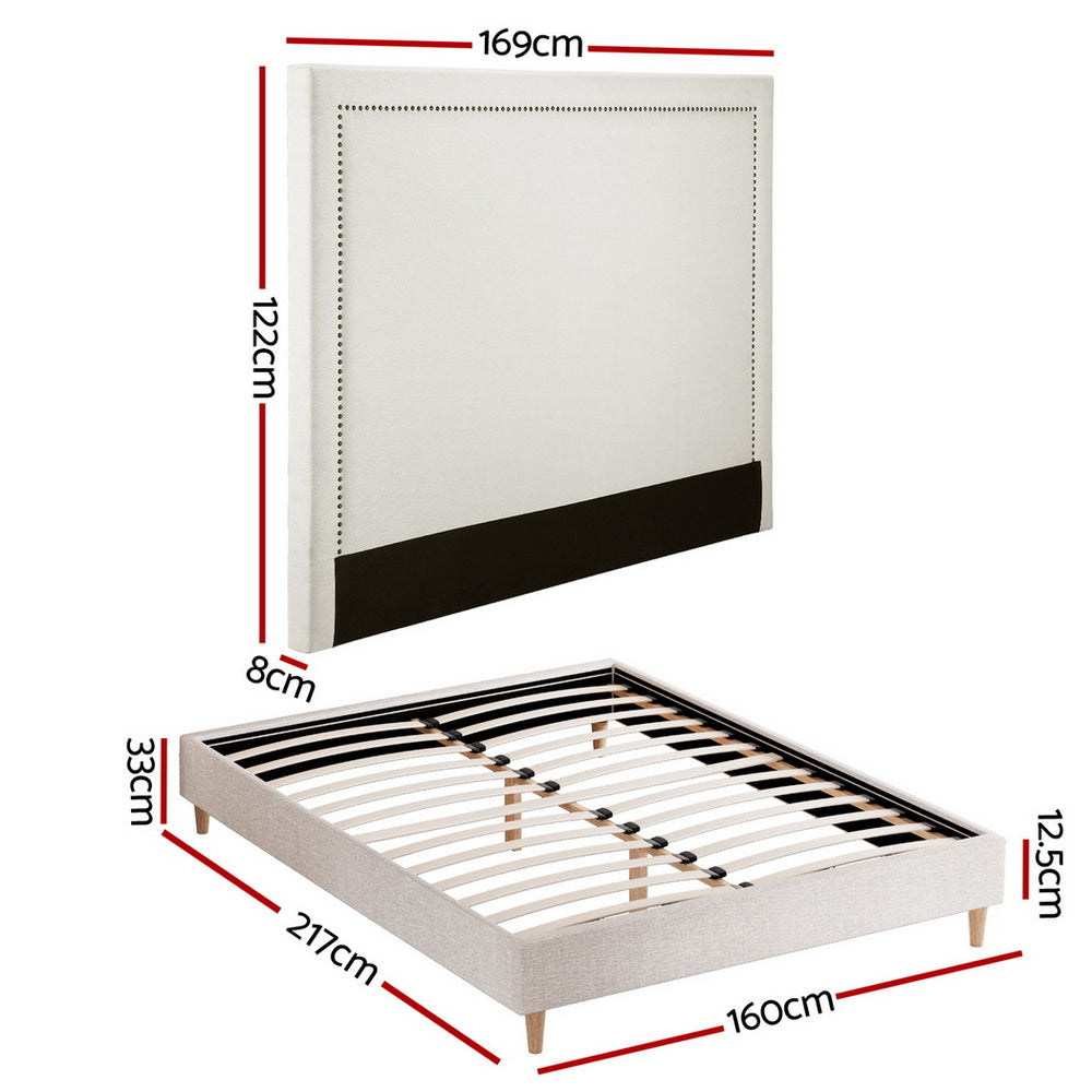 Queen Bed Frame – Upholstered Linen Headboard, Beige