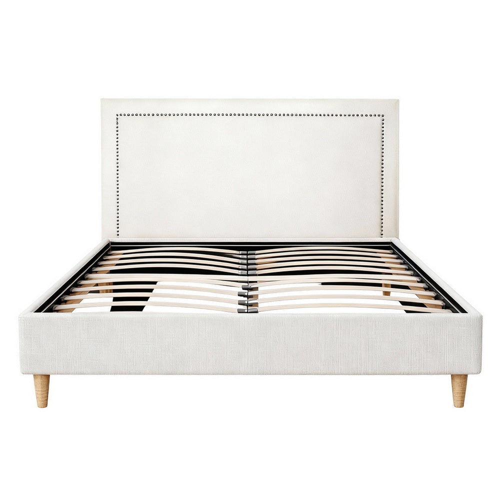 Queen Bed Frame – Upholstered Linen Headboard, Beige