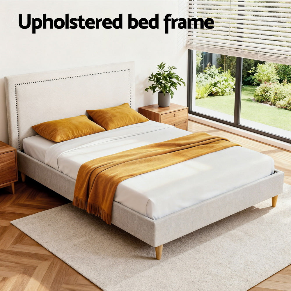 Queen Bed Frame – Upholstered Linen Headboard, Beige