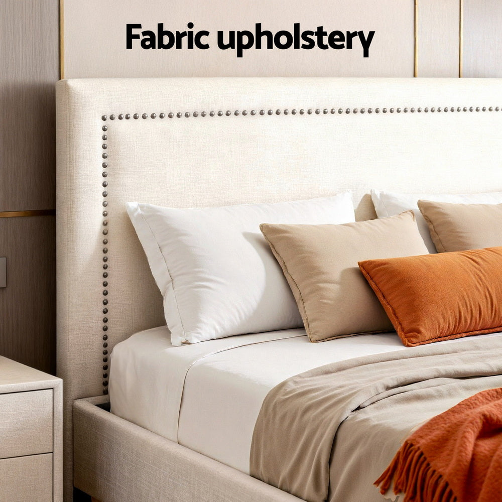 Queen Bed Frame – Upholstered Linen Headboard, Beige