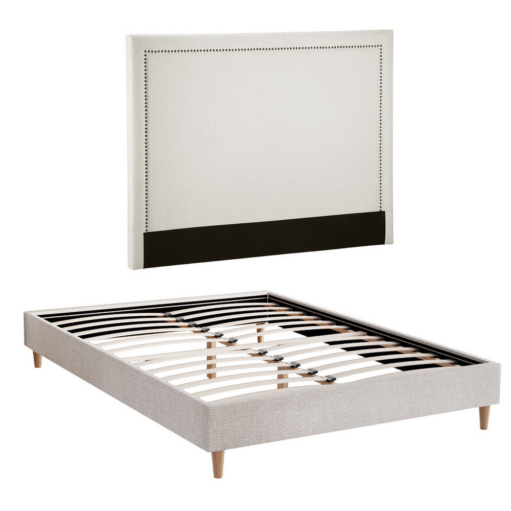Queen Bed Frame – Upholstered Linen Headboard, Beige