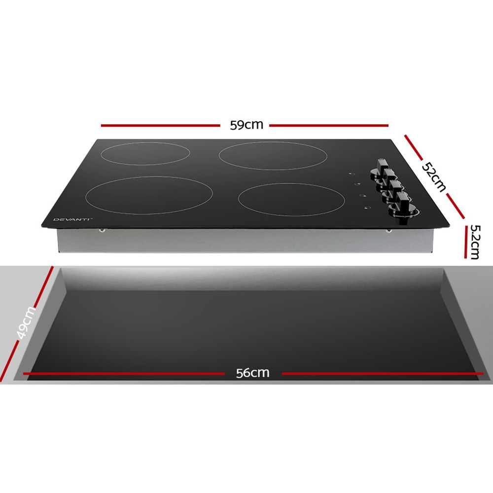 Ceramic Electric Cooktop – 4 Zones, 60cm Black Glass