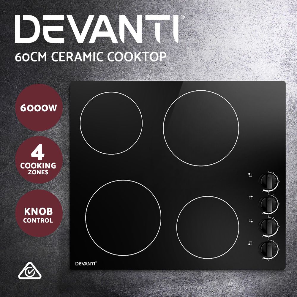 Ceramic Electric Cooktop – 4 Zones, 60cm Black Glass