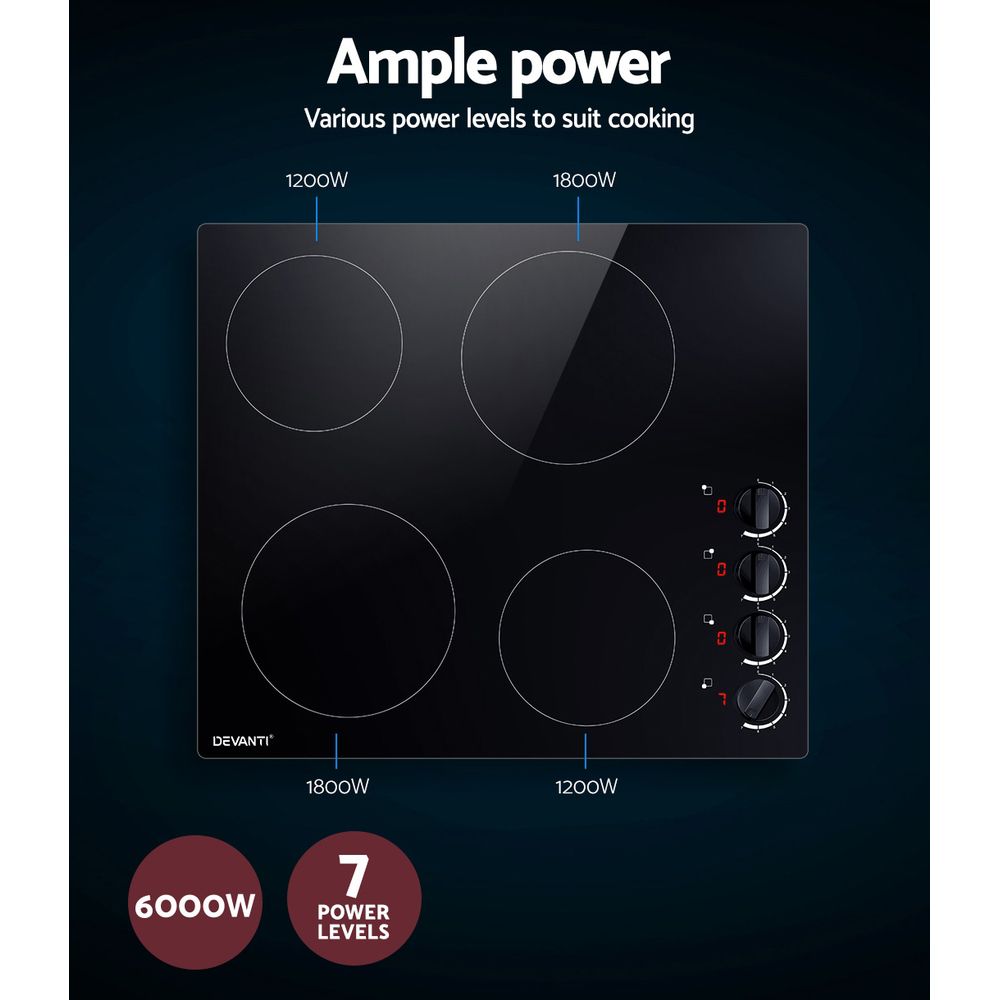 Ceramic Electric Cooktop – 4 Zones, 60cm Black Glass