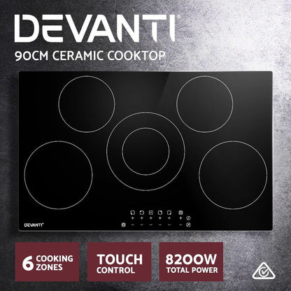 Electric Ceramic Cooktop – 6 Zones, 90cm Black Glass