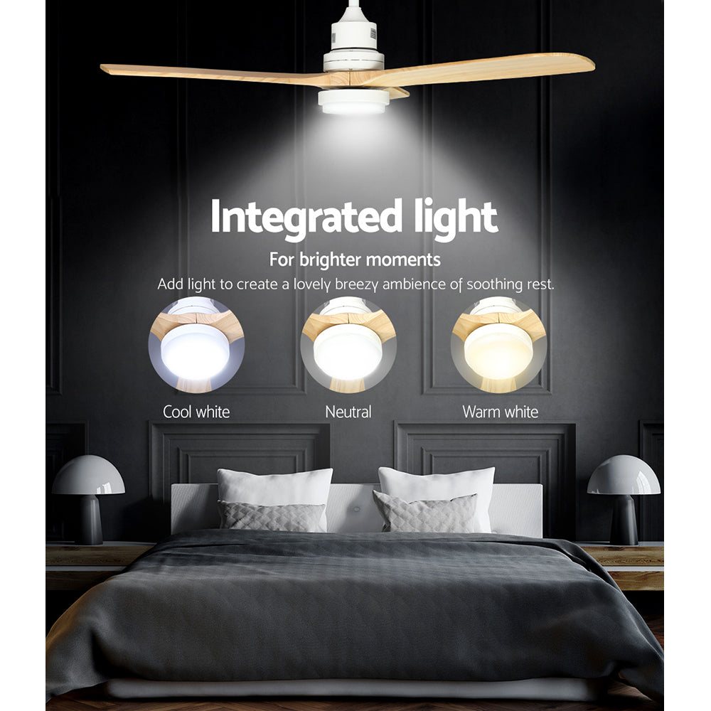 Devanti 52'' Ceiling Fan DC Motor LED Light Remote - Light Wood