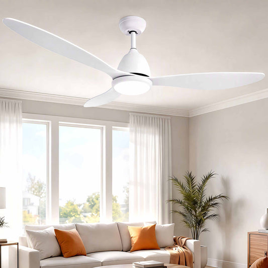 Devanti ceiling fan with LED light and remote illuminating a stylish living room with a serene ambience.
