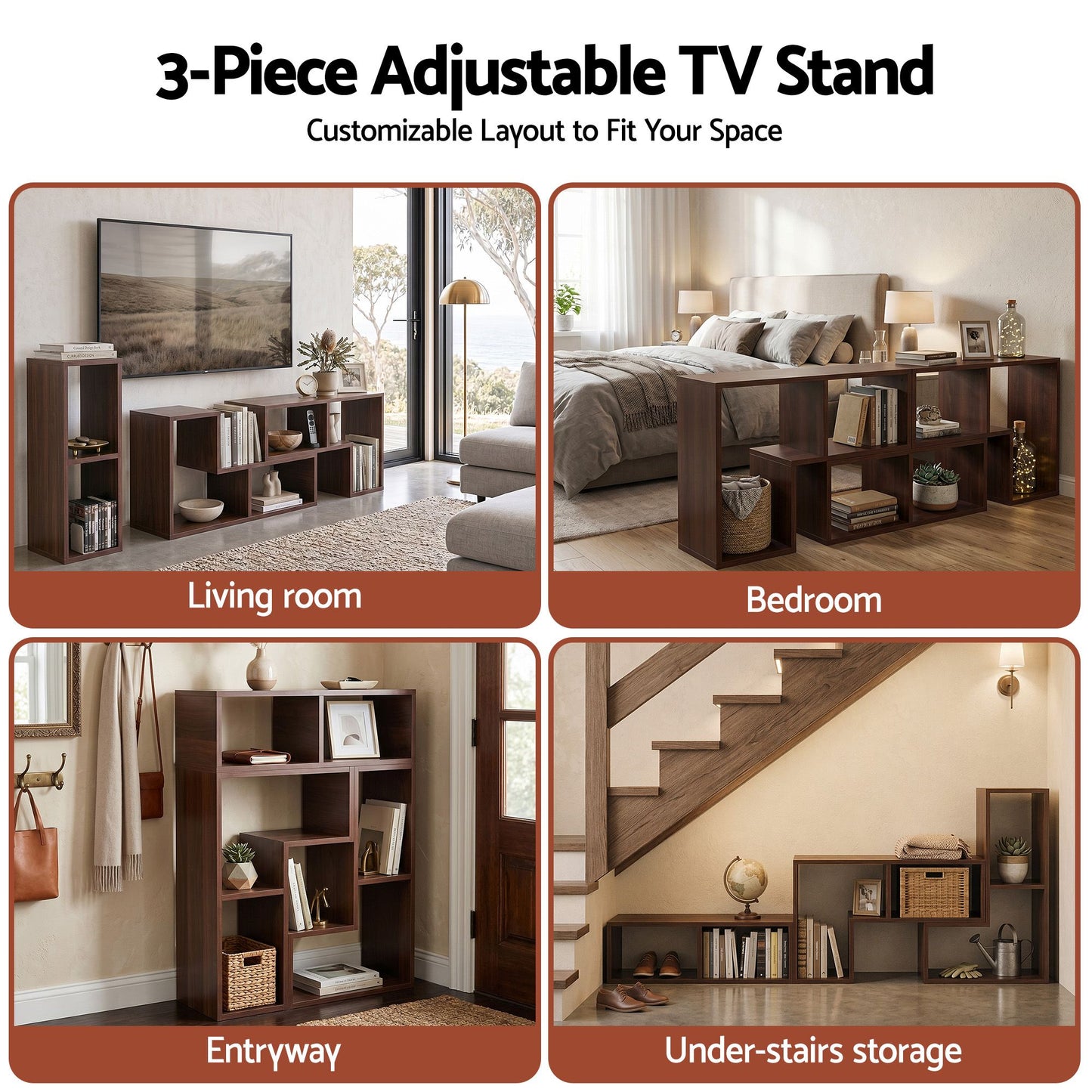 TWSC Modular TV Stand 3 Piece Entertainment Unit Adjustable Bookcase Shelf