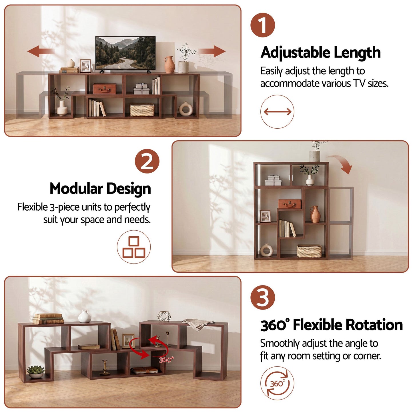 TWSC Modular TV Stand 3 Piece Entertainment Unit Adjustable Bookcase Shelf