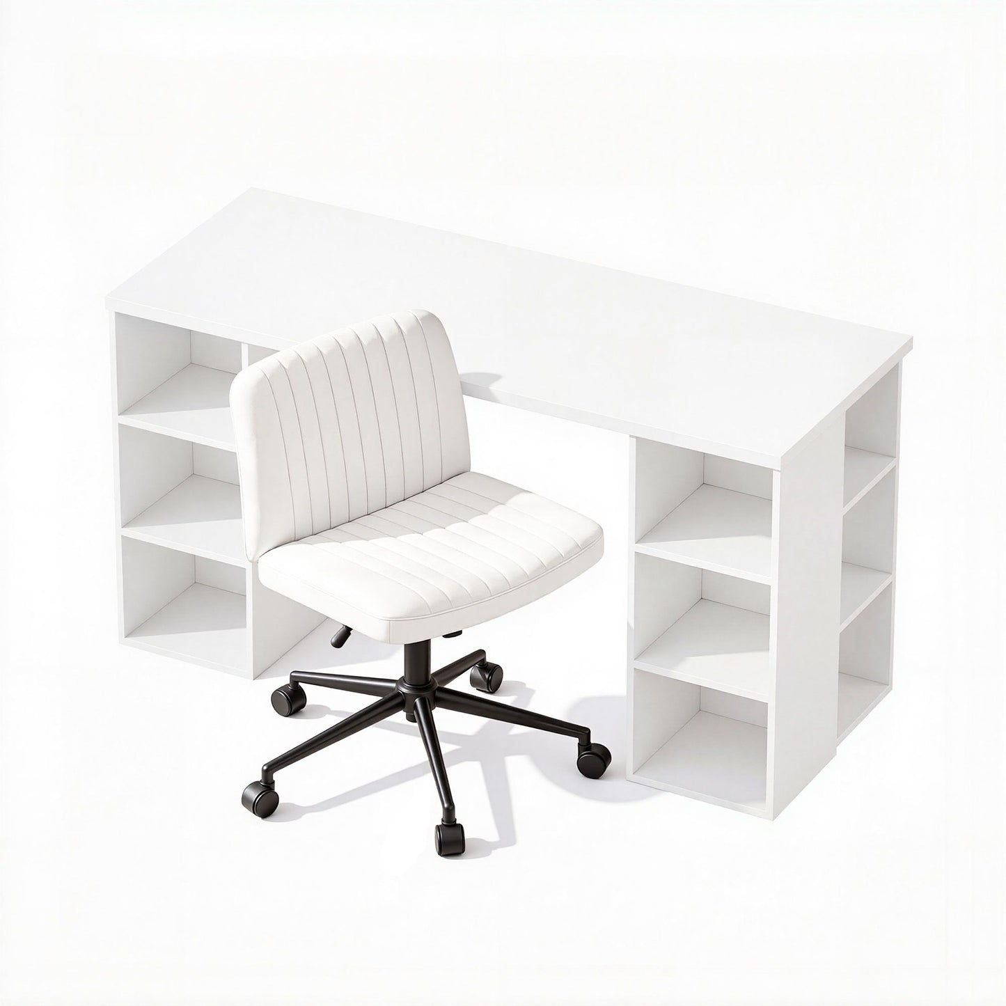 TWSC Office Desk & Chair Set 150cm Computer Desk with 6 Storage Shelves & Ergonomic Cross Legged Chair Armless Cross PU Leather Office Chair with Wheels