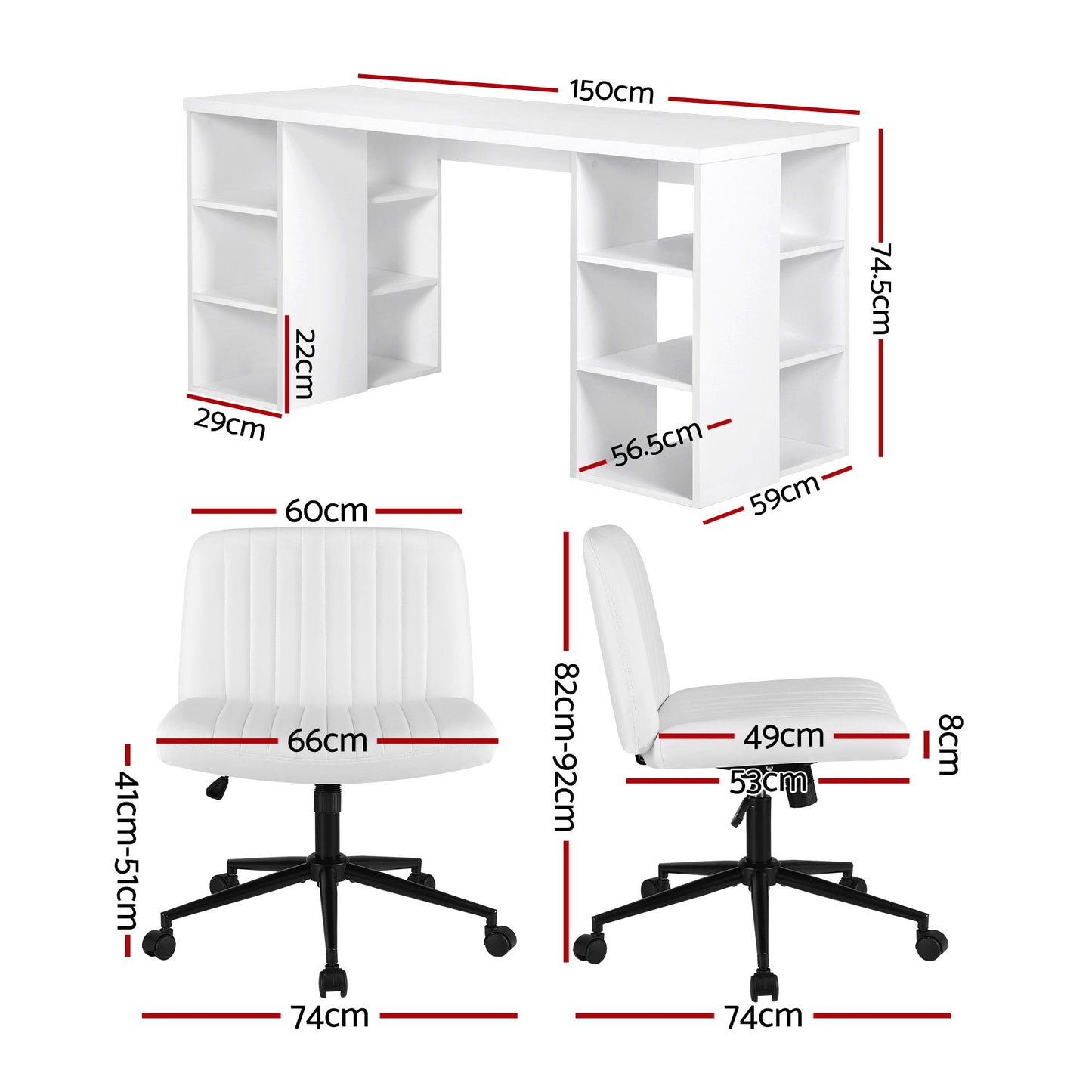 TWSC Office Desk & Chair Set 150cm Computer Desk with 6 Storage Shelves & Ergonomic Cross Legged Chair Armless Cross PU Leather Office Chair with Wheels