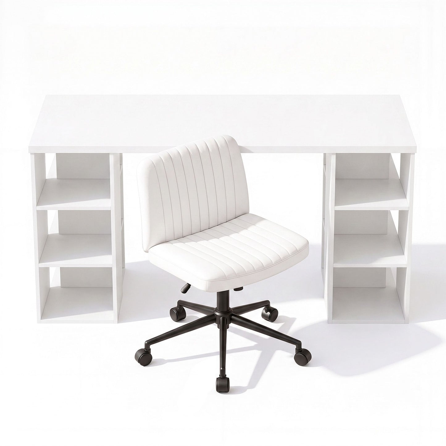 TWSC Office Desk & Chair Set 150cm Computer Desk with 6 Storage Shelves & Ergonomic Cross Legged Chair Armless Cross PU Leather Office Chair with Wheels