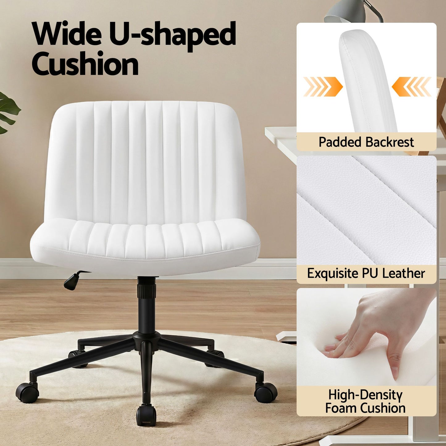 TWSC Office Desk & Chair Set 150cm Computer Desk with 6 Storage Shelves & Ergonomic Cross Legged Chair Armless Cross PU Leather Office Chair with Wheels