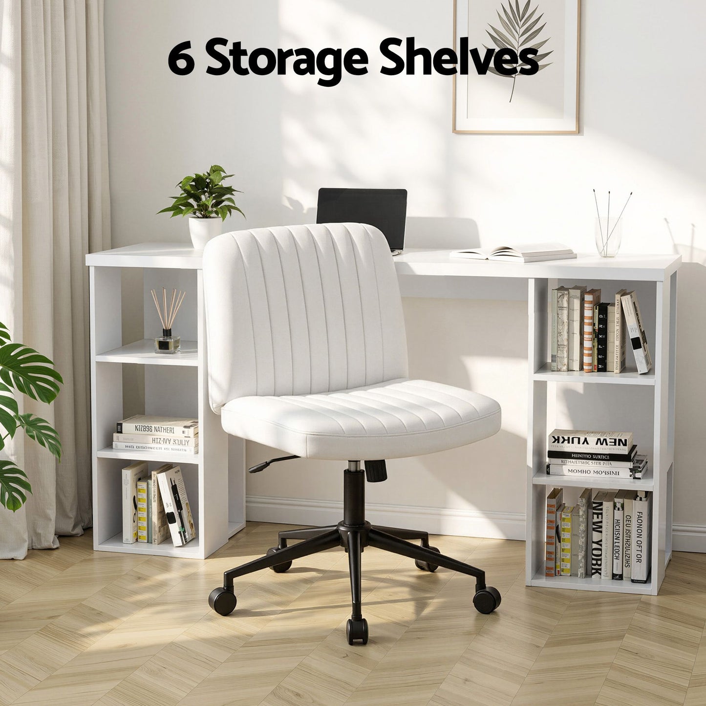 TWSC Office Desk & Chair Set 150cm Computer Desk with 6 Storage Shelves & Ergonomic Cross Legged Chair Armless Cross PU Leather Office Chair with Wheels