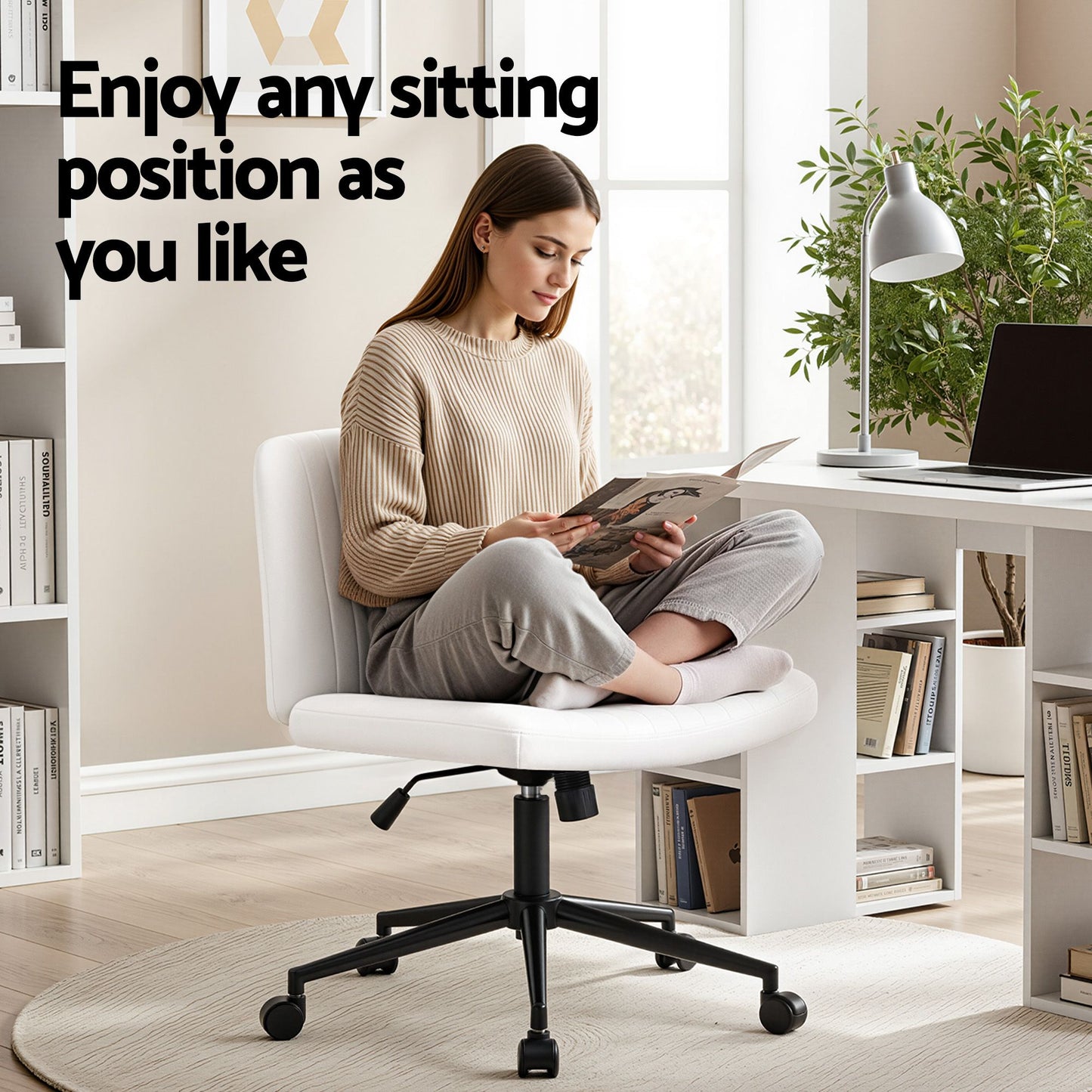 TWSC Office Desk & Chair Set 150cm Computer Desk with 6 Storage Shelves & Ergonomic Cross Legged Chair Armless Cross PU Leather Office Chair with Wheels