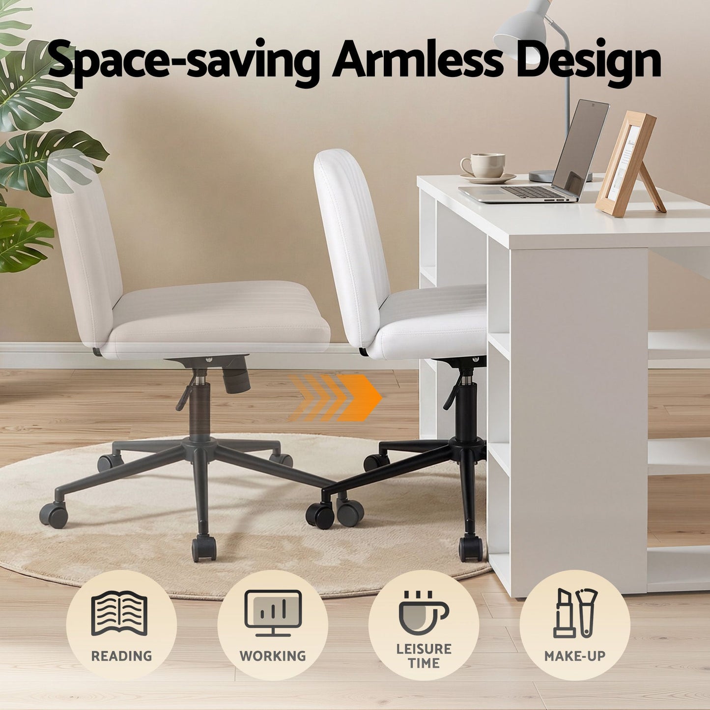 TWSC Office Desk & Chair Set 150cm Computer Desk with 6 Storage Shelves & Ergonomic Cross Legged Chair Armless Cross PU Leather Office Chair with Wheels
