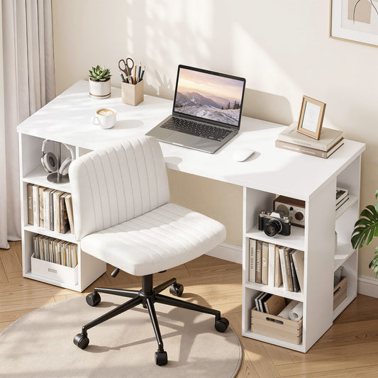 TWSC Office Desk & Chair Set 150cm Computer Desk with 6 Storage Shelves & Ergonomic Cross Legged Chair Armless Cross PU Leather Office Chair with Wheels
