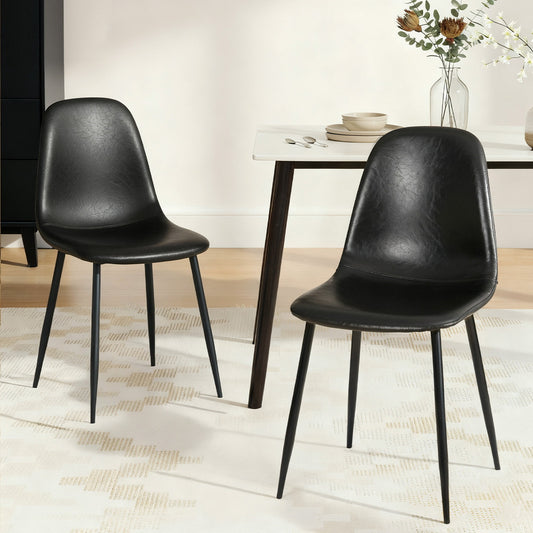 TWSC 2x Dining Chairs Retro PU Leather Kitchen Lounge Cafe Accent Chair Black