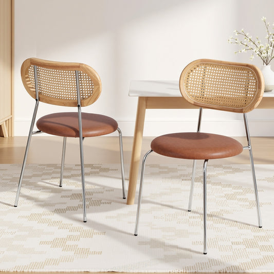 TWSC 2x Dining Chairs PU Leather Rattan Kitchen Lounge Cafe Accent Chair Brown