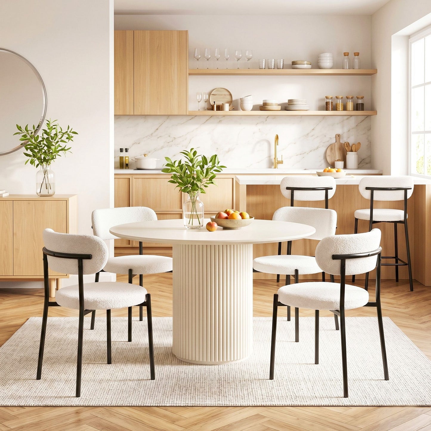 TWSC Dining Chairs Set of 6 Sherpa Boucle White