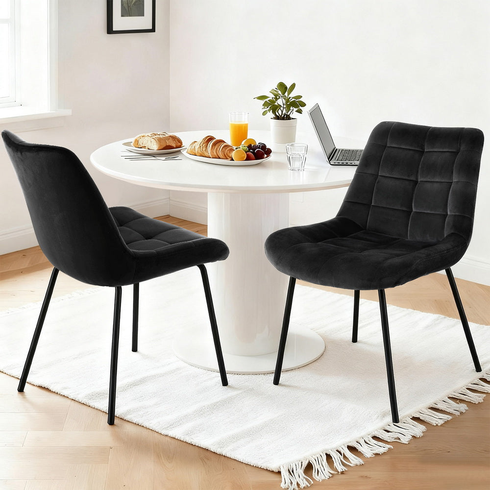 TWSC 2x Dining Chairs Velvet Tufted Kitchen Lounge Cafe Accent Chair Black