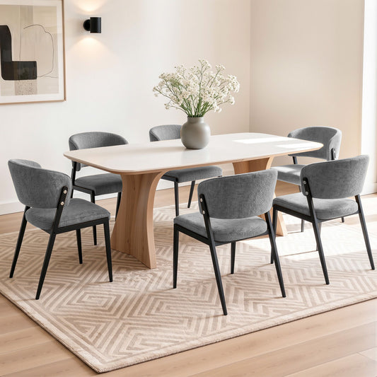 TWSC Dining Chairs Set of 6 Linen Fabric Soft Upholstered Chairs Grey