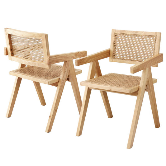 Dining Chairs with Wooden Rubberwood Frame and Rattan Seat – Set of 2