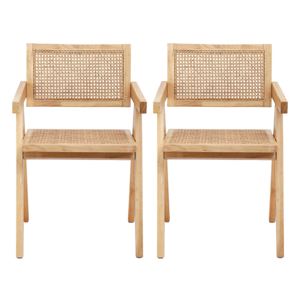 Dining Chairs with Wooden Rubberwood Frame and Rattan Seat – Set of 2