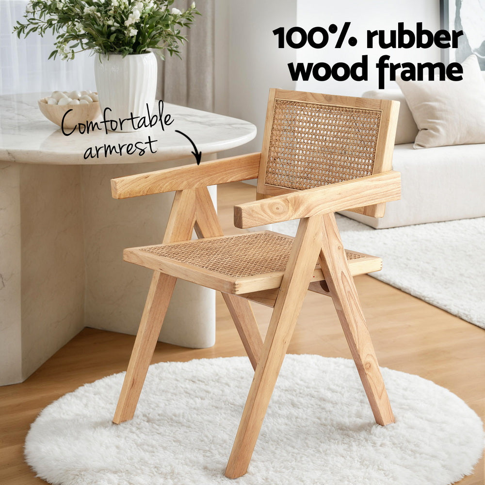 Dining Chairs with Wooden Rubberwood Frame and Rattan Seat – Set of 2