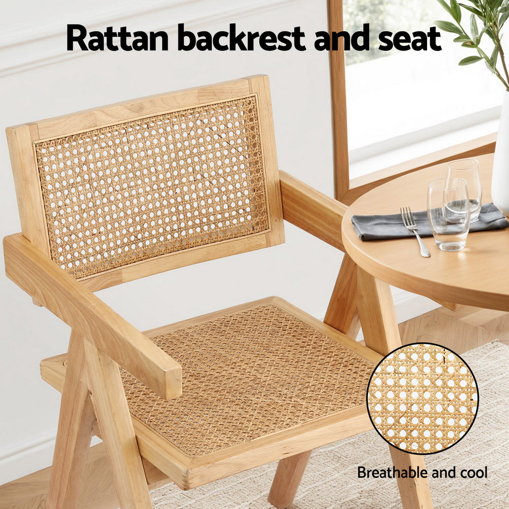 Dining Chairs with Wooden Rubberwood Frame and Rattan Seat – Set of 2