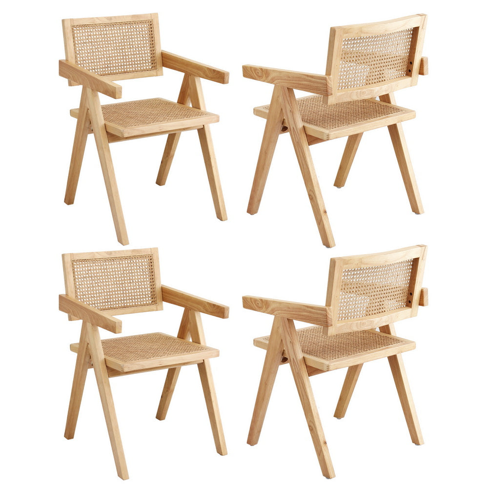 Dining Chairs Set of 4 – Wooden Rubberwood Frame with Rattan Seat