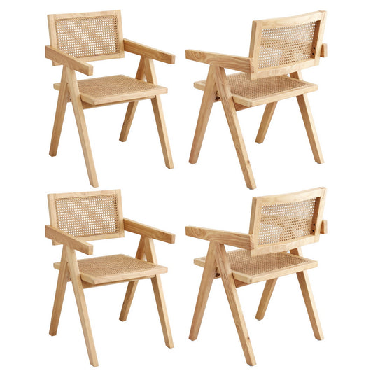 Dining Chairs Set of 4 – Wooden Rubberwood Frame with Rattan Seat