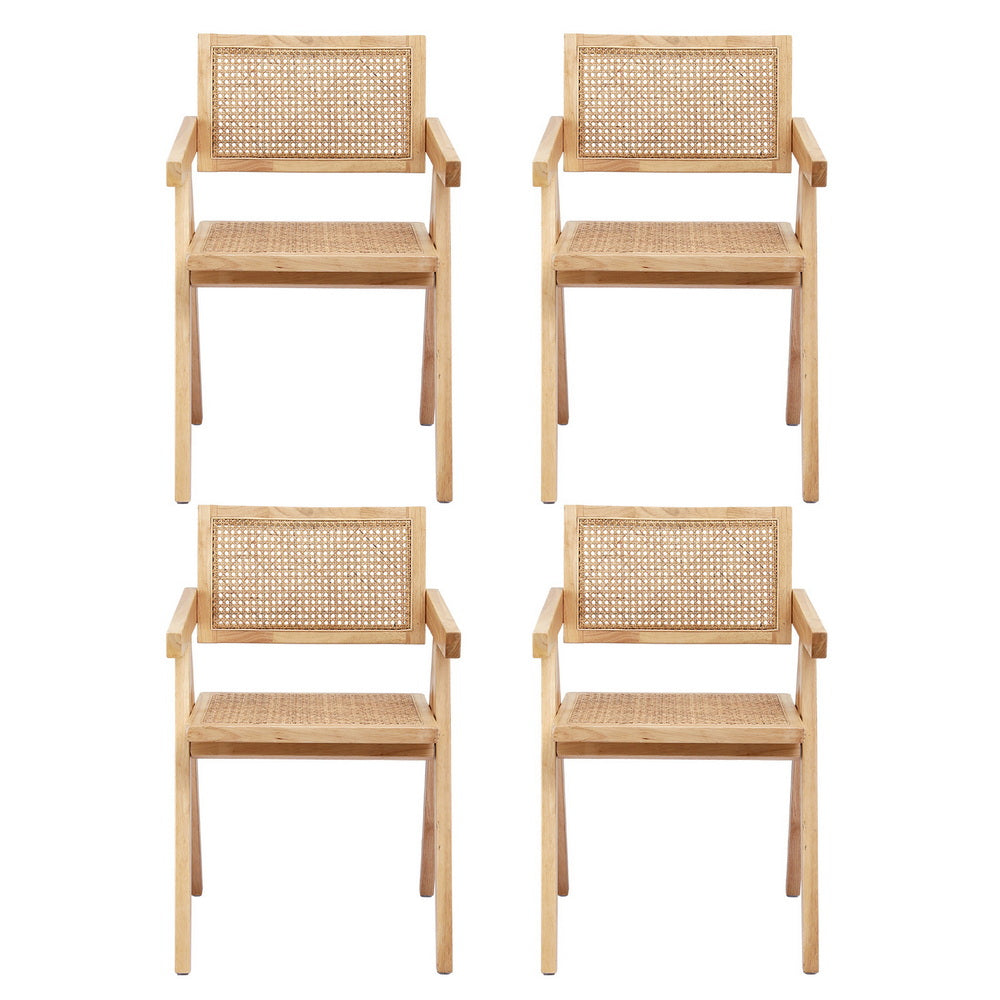Dining Chairs Set of 4 – Wooden Rubberwood Frame with Rattan Seat